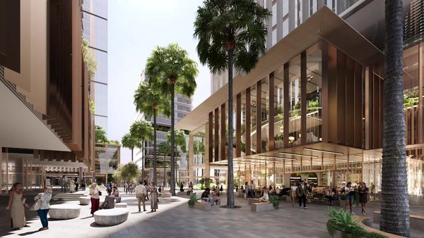 An artist’s impression of the public plaza of Blacktown Quarter between several modern buildings.