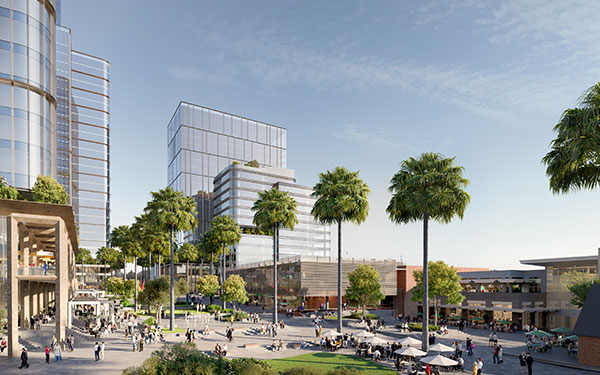 An artist’s impression of the large entrance to a tower at Blacktown Quarter and the surrounding public spaces.